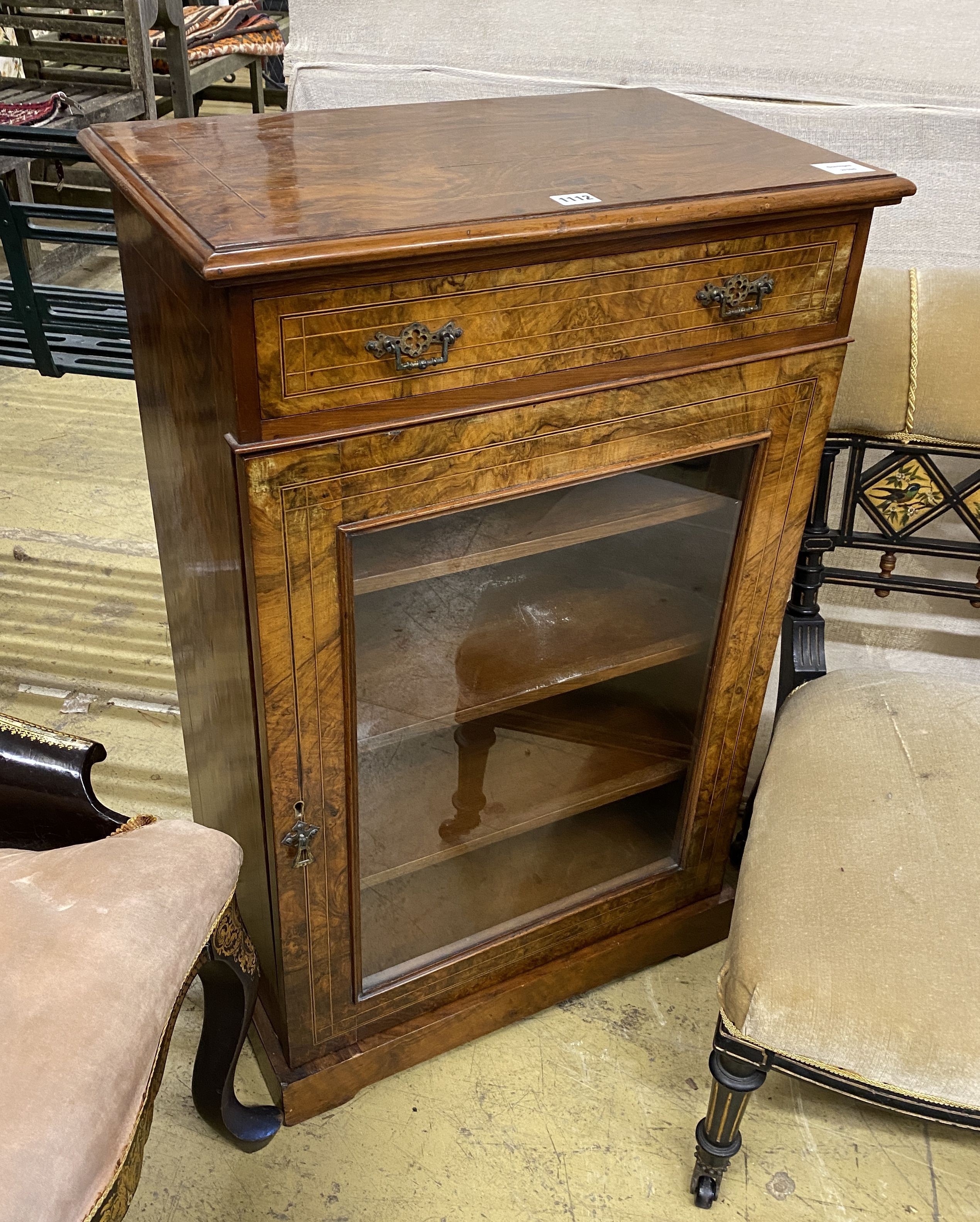 A late Victorian burr walnut walnut glazed music cabinet, width 58cm, depth 35cm, height 90cm